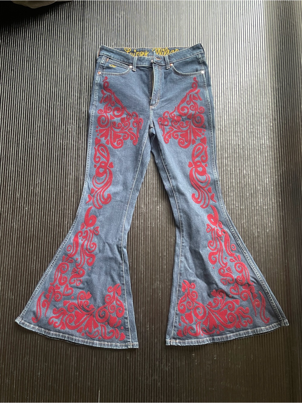 Lainey Wilson X Wrangler Blue Flare Jeans with Red Embroidered Scrolls